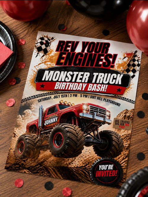 Monster Truck Editable Birthday Invitation